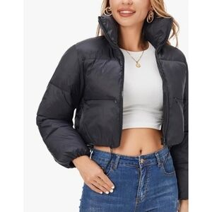 NEW Woman's Black Cropped Puffer Jacket Size M